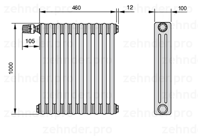 Схема (чертеж) Радиатор Zehnder Charleston 3100/10 №V011 Белый глянцевый RAL 9016
